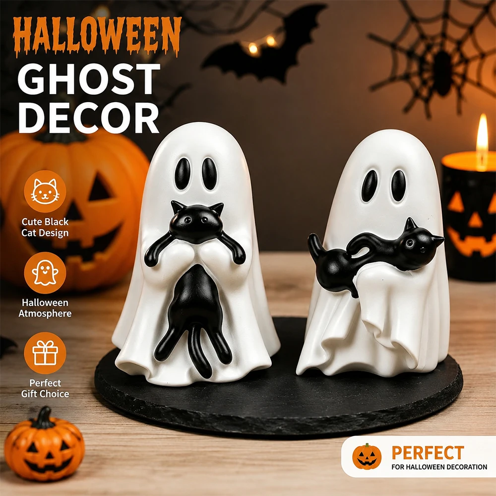 Halloween Ghost Cat Resin Figurines Cute Spooky Tabletop Decorations for Home Office Desk Autumn Party Decor Halloween Gift