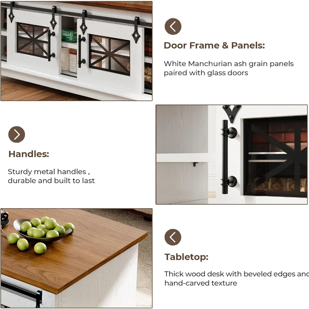 48'' Coffee Table with Sliding Barn Doors, Rustic Center Table with 6 Large Storage Space, Glass Doors and Adjustable Middle Sh