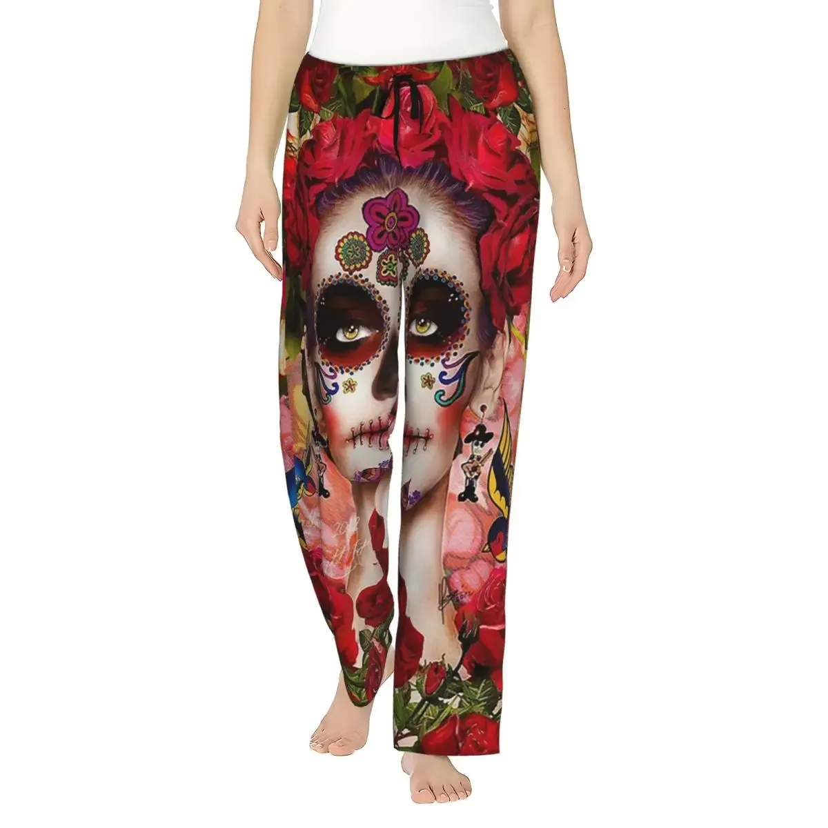 Custom Mexican Catrina Girl Day Of The Dead Sugar Skull Women Pajama Pants Lounge Sleep Sleepwear Bottoms with Pockets