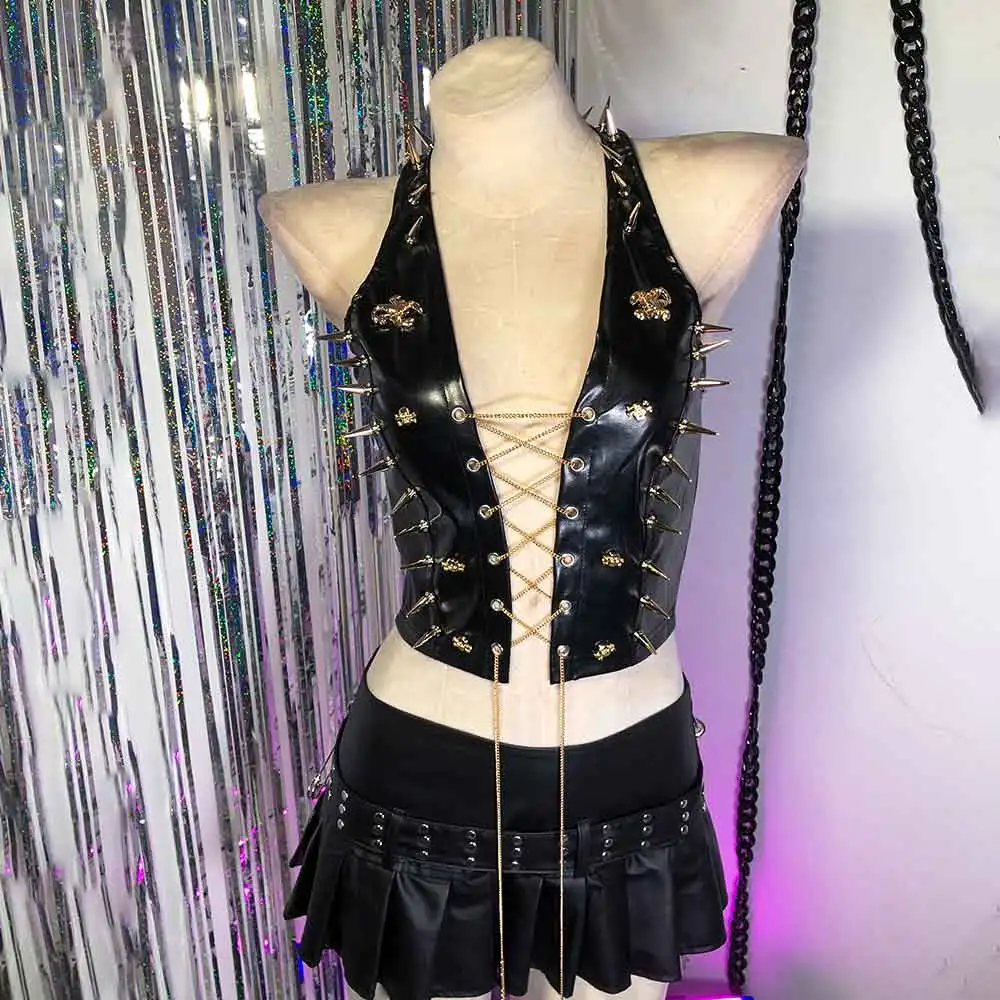 

Goth Hand Made Studded Rivet Skull Grunge DIY E-Girls Punk Rock Gothic Tank Eco Kawaii Harajuku Y2K Halter Camisole TOPS