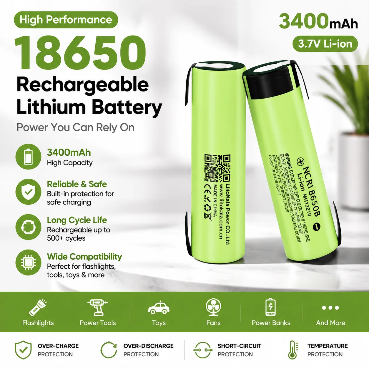 Hochleistungs-NCR18650B 18650 3,7V 3400mAh wiederaufladbare Lithium-Ionen-Zelle mit vorgelöteten Nickelanschlüssen, lange Lebensdauer von über 1000 Zyklen für DIY-Akkupacks, E-Bike-Powerbanks,
