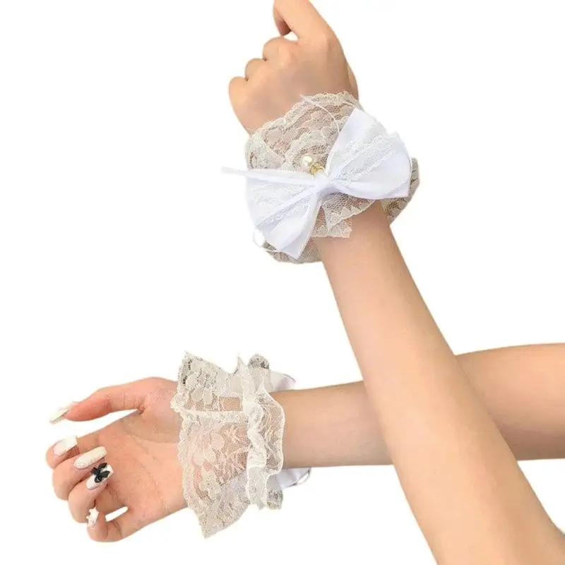 Decorative Lace Wrist Cuffs with Center Accent and Sheer Mesh Ruffle Trim, Matching Pair for Photo and Party Styling 6XDA