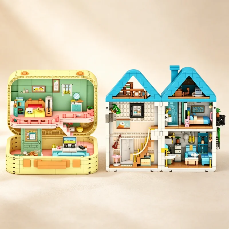 

Creative Foldable House Building Blocks, Miniature Dollhouse with Furniture, DIY Assembly Bricks, Portable Suitcase Design, Idea