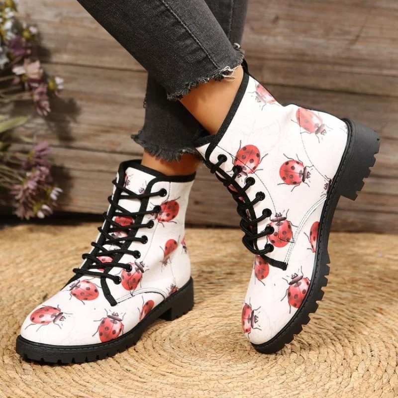 Autumn and Winter New Printing Series Seven-star Ladybug Pattern Red and White Color Matching Comfortable Lace-up Women's Boots