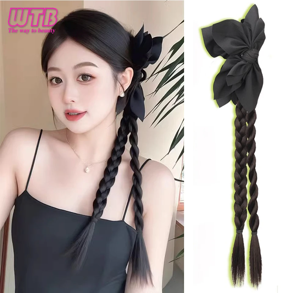 Synthetic Wig Claw Clip Ponytail Female BlackBowKnot Side Braided Hair Ponytail Wig Suitable For Daily Wear