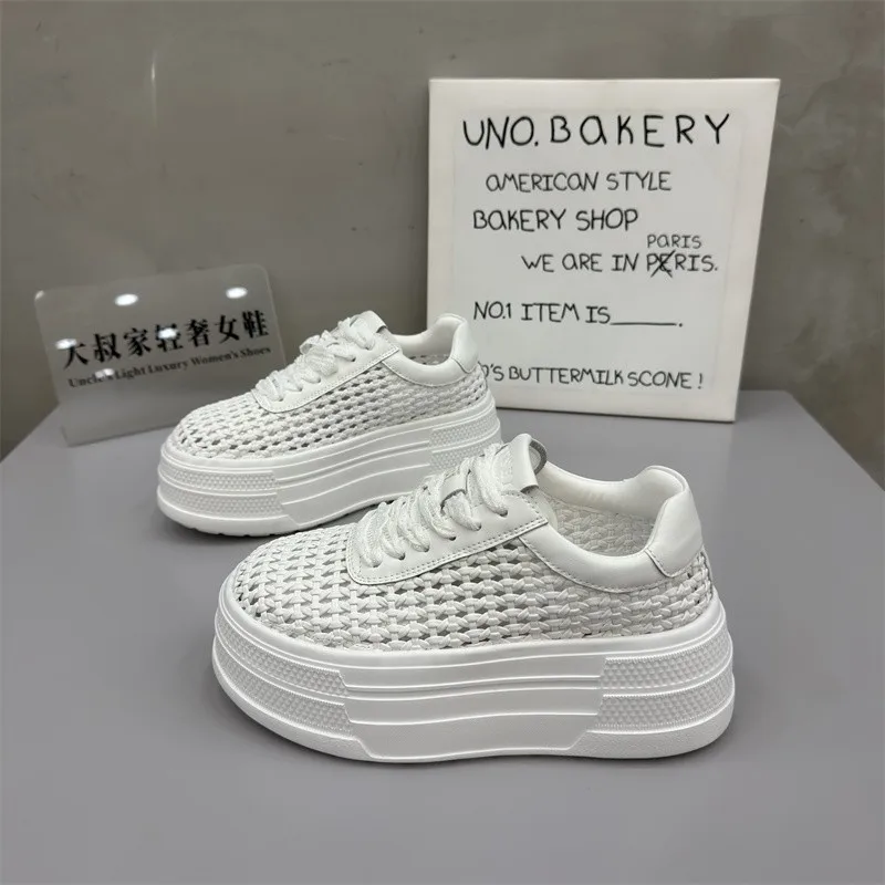 

Mesh Hollow Thick Sole Height Increasing Women's Sneakers Breathable Platform Sports Casual Shoes Hot Style White Sneakers