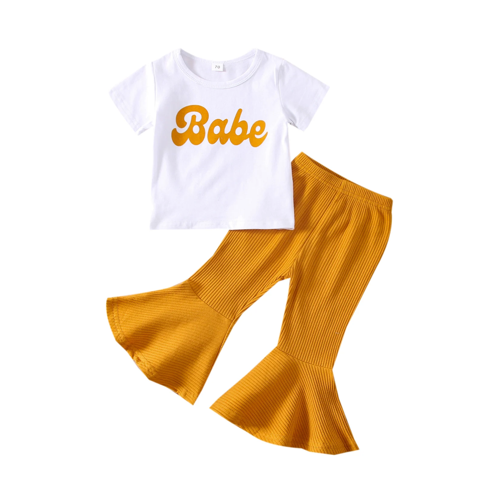 Toddler Girls Summer Outfit Sets White Short Sleeve Letter Print T-shirt + Yellow Flared Pants