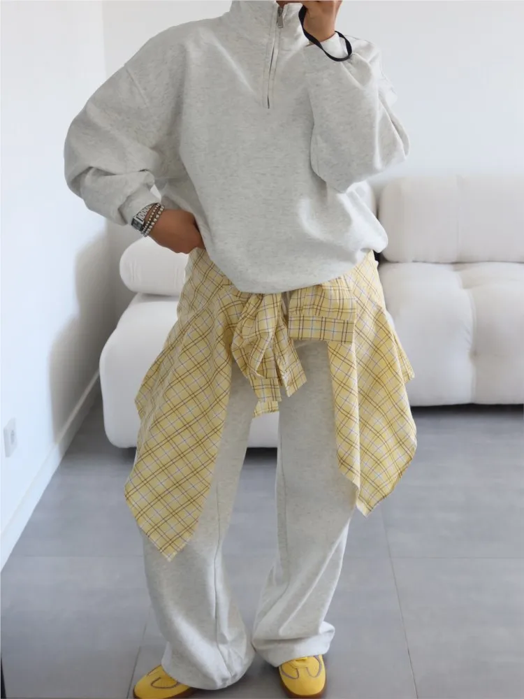 

Women's Fashion Casual Suit Autumn Winter Personality Half-open Collar Pullover Long-sleeved Top Wide-leg Pants Two-piece Set