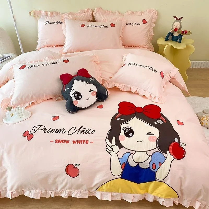 Disney Elsa Snow White Cute Cartoon Kawaii Soft and Comfortable Cotton Quilt Cover Sheets Four-piece Furniture Supplies Set