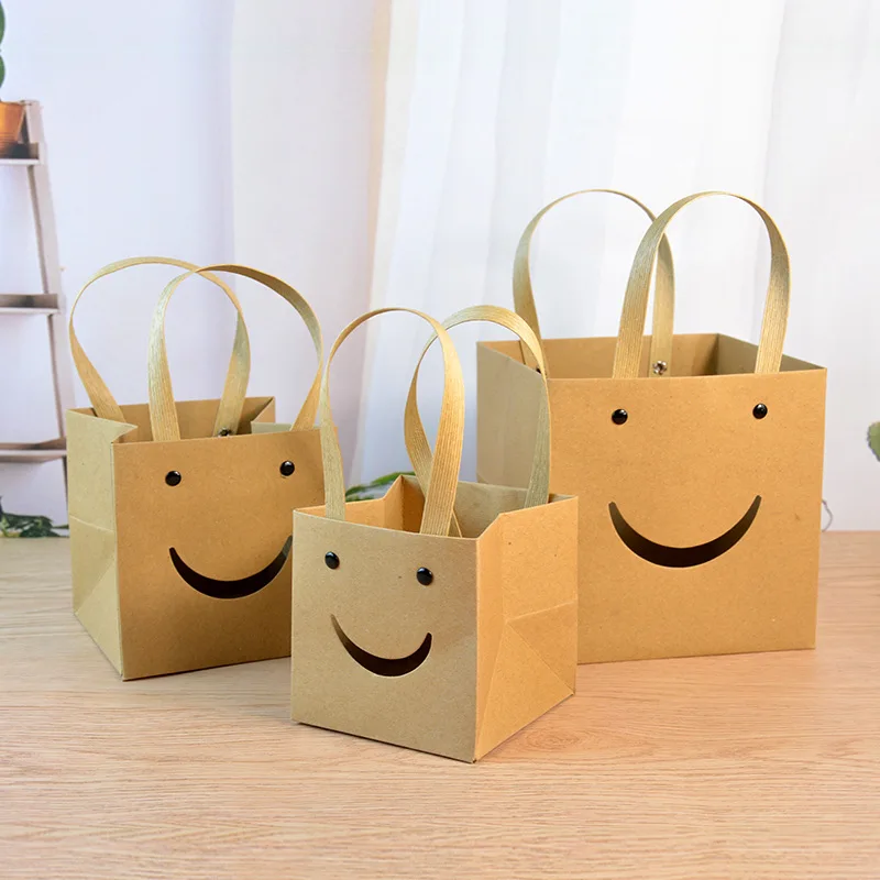 10Pcs Square Smile Gift Bags Kraft Paper Packaging Bags With Window Handle Birthday Party Wedding Gift Souvenirs Bag For Guest - view 2