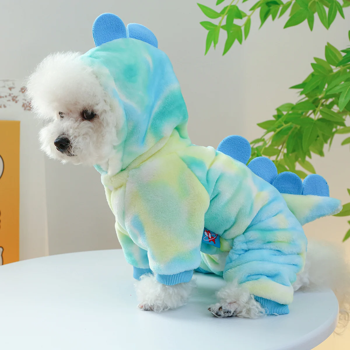 1PC Pet Apparel Dog Autumn and Winter Coral Plush Thickened Warm Colorful Blue Dinosaur Four legged Hoodie For Small Medium Dogs