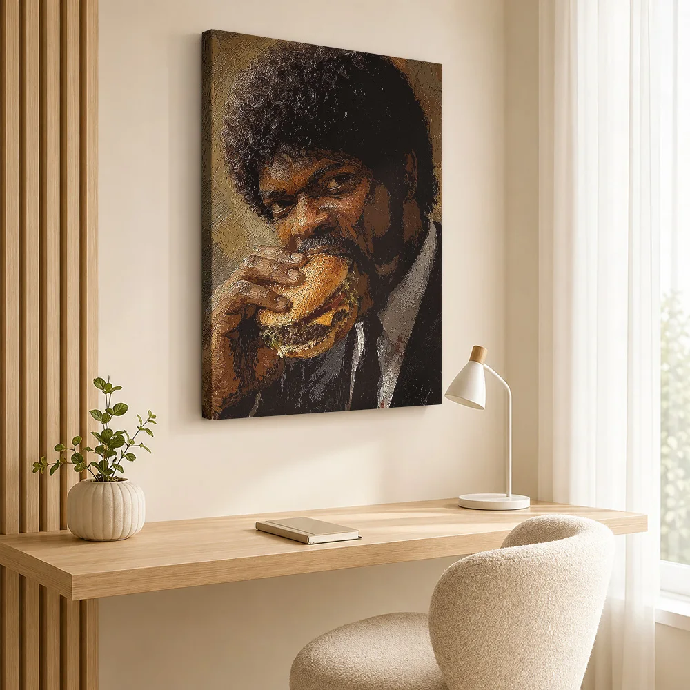 Samuel L. Jackson Eating A Burger Canvas Poster Customized Photo Expressive Brushwork Wall Art For Dining Room, Home Cook Gift