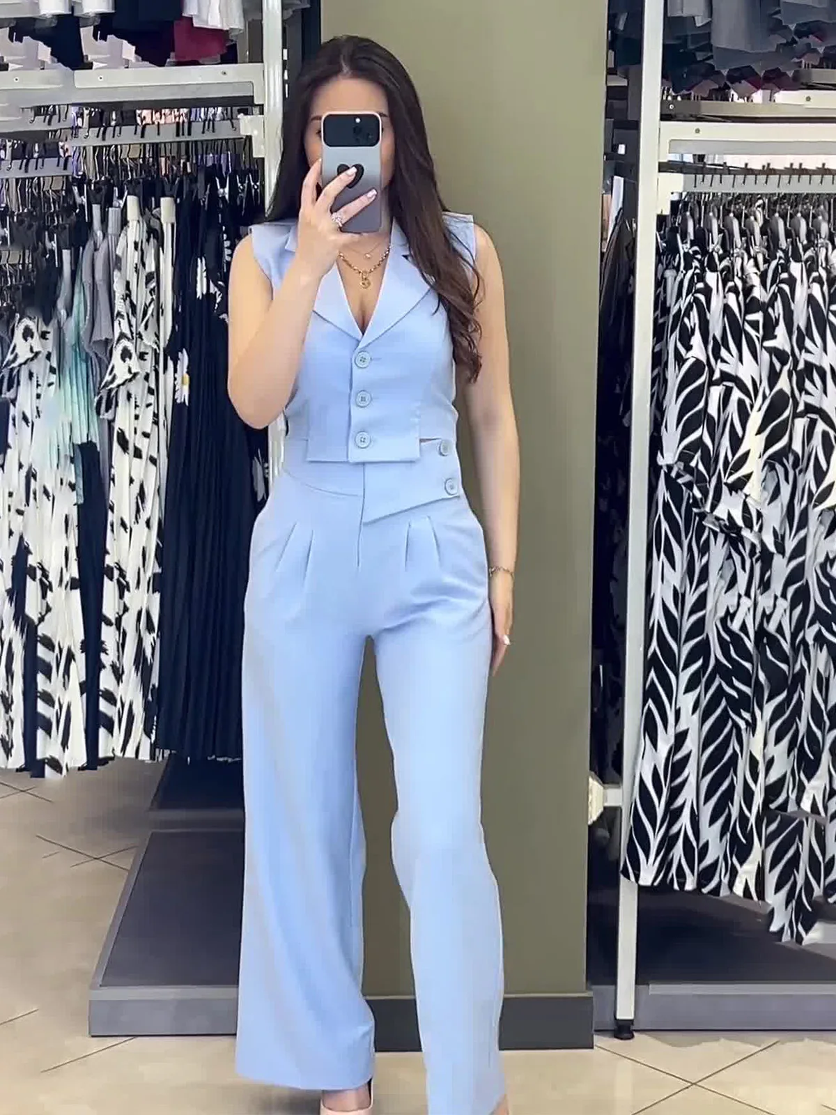 Women's suit 2024 summer simple fashion casual sleeveless vest V-neck solid color loose broadfoot pants two-piece set