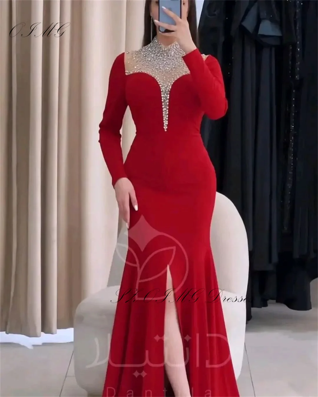 OIMG Exquisite High Neck Crystals Prom Dresses Saudi Arabic Women Satin Red Slit  Gowns Occasion Formal Party Dress Customized