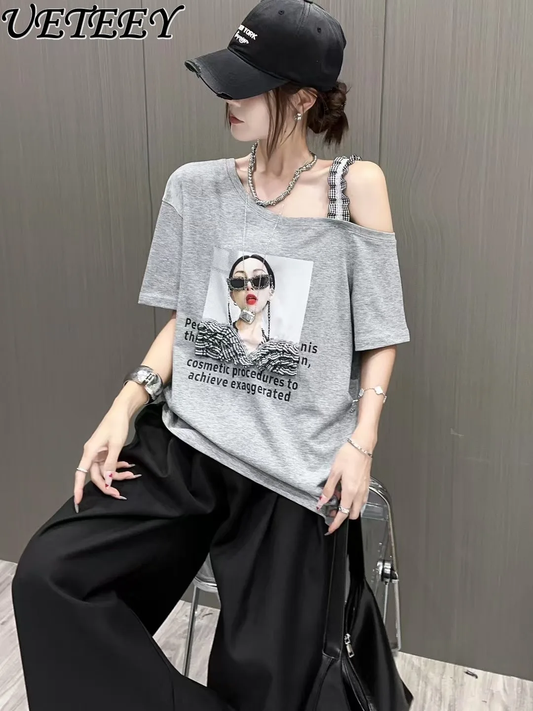 

Heavy Industry Trendy Brand Loose Off-shoulder Diagonal Neck T-shirt Short-sleeved Top Trendy Summer New Women's T Shirt
