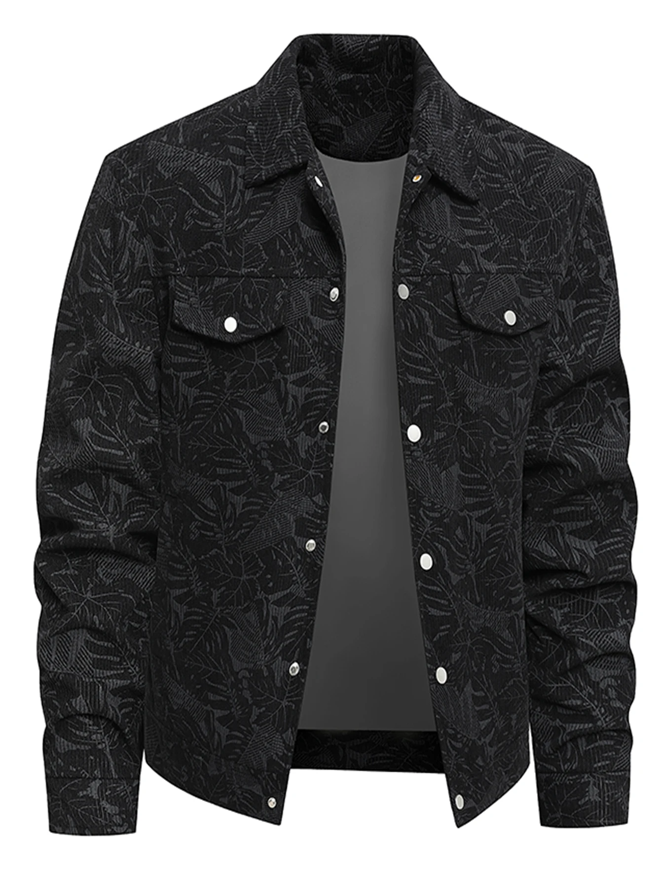 

Men'S Vintage-Inspired Corduroy Workwear Jacket with Leaf Pattern, Casual Snap-Front Design, Pockets & Button Details - Beige, L