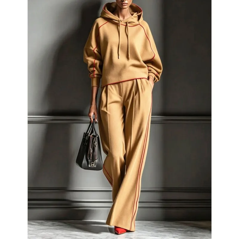 Retro Solid Women's Two-piece Set Fashion Striped Patchwork Hooded Pullover With Wide Leg Pants Suit Ladies Casual Office Outfit