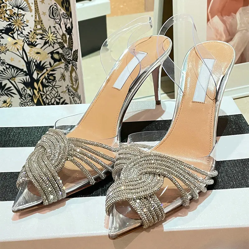 2025 Summer New High-heeled Sandals Women's Pointed-toe Film Rhinestone Stiletto Heel Roman Strap Women's Shoes