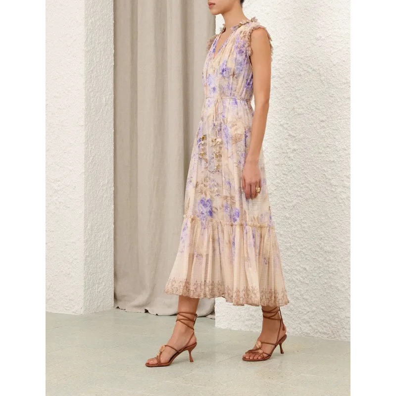 

Elegant Lilac Silk Sleeveless Long Dress with Waist Tie Custom