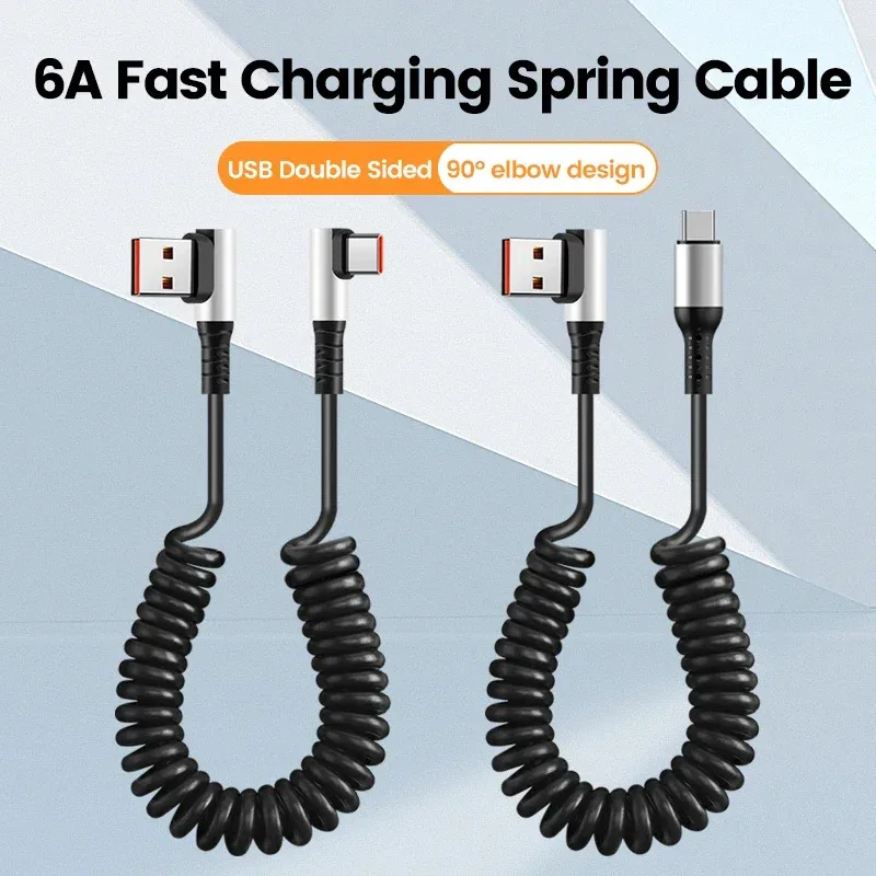 6A USB Type C Data Cable 90° Elbow Car USB Spring PD Fast Charging Cable for iPhone 15 Sumsung Xiaomi POCO Huawei Honor LG