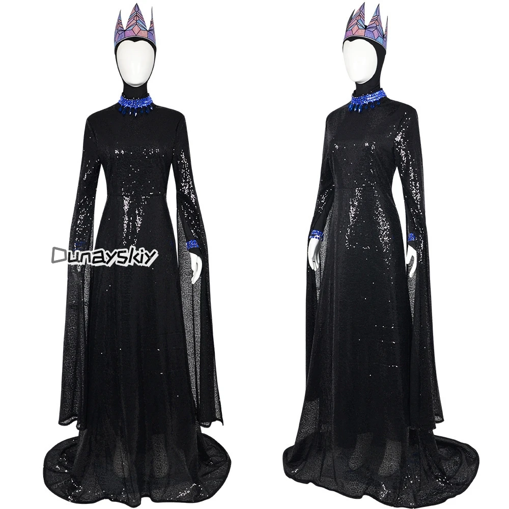 

Evil Queen Cosplay Stepmother Costume Movie Snow Cos Whites Women Black Long Dress Crown Necklace Outfits Halloween Suit