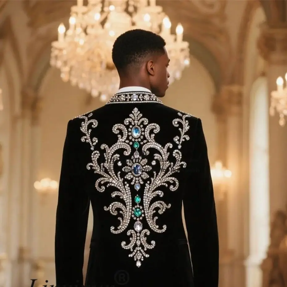 

High End Diamond Rhinestone Men Suits 3 Piece Sets Party Blazer Customized Slim Fit Costume Homme Luxury Formal Groom Tuxedos