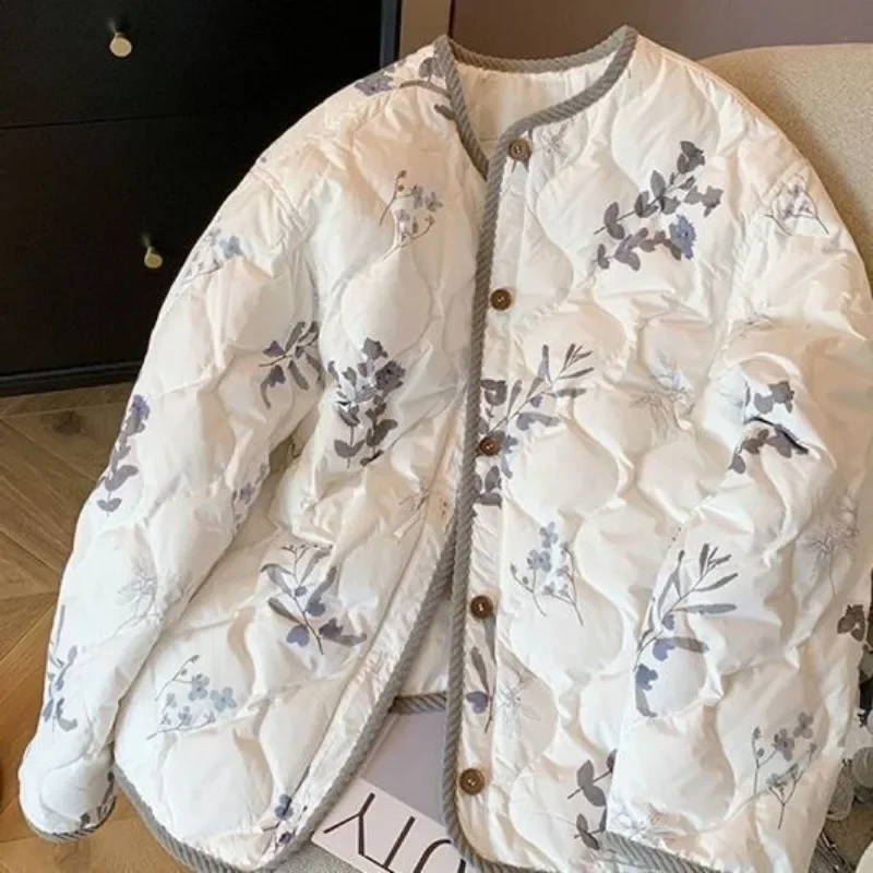 Women's Clothing Trend Warm Autumn Winter Cotton-padded Jacket Light Thin Tops Long Sleeve Vintage Floral Printed Cotton Coat