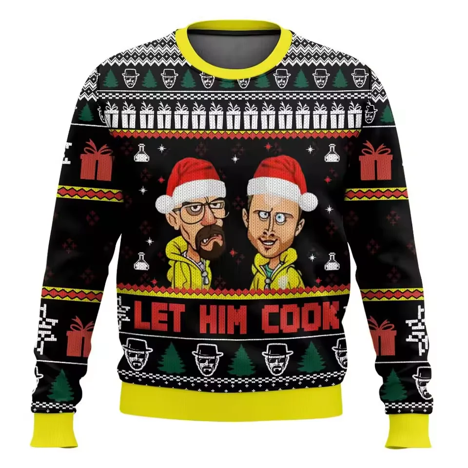 2025 Christmas element ugly sweater, Q-version Walter White and Jesse Pinkman character printed street funny and fun hoodie