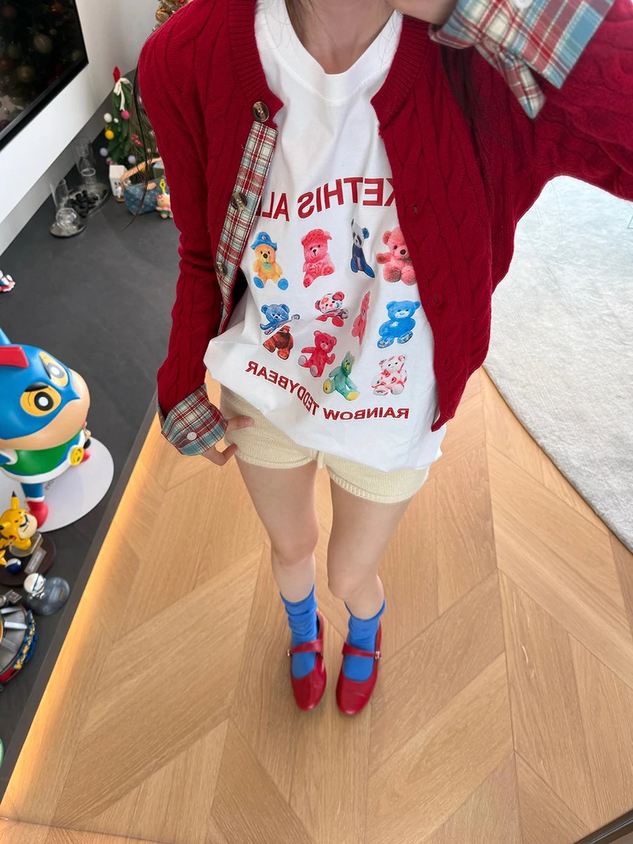 

Комплект из двух предметов Matou Early Spring College: вязаный свитер с пэчворком и кардиган с узором «косы» для женщин, повседневный стиль