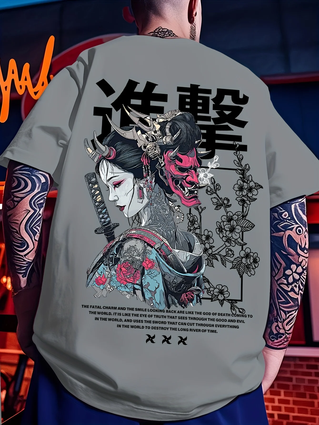 Ueno Large-Sized Trendy Brand 3D Printed Men's Back Summer T-Shirt with Japanese Artistic Geisha Samurai Sword Design