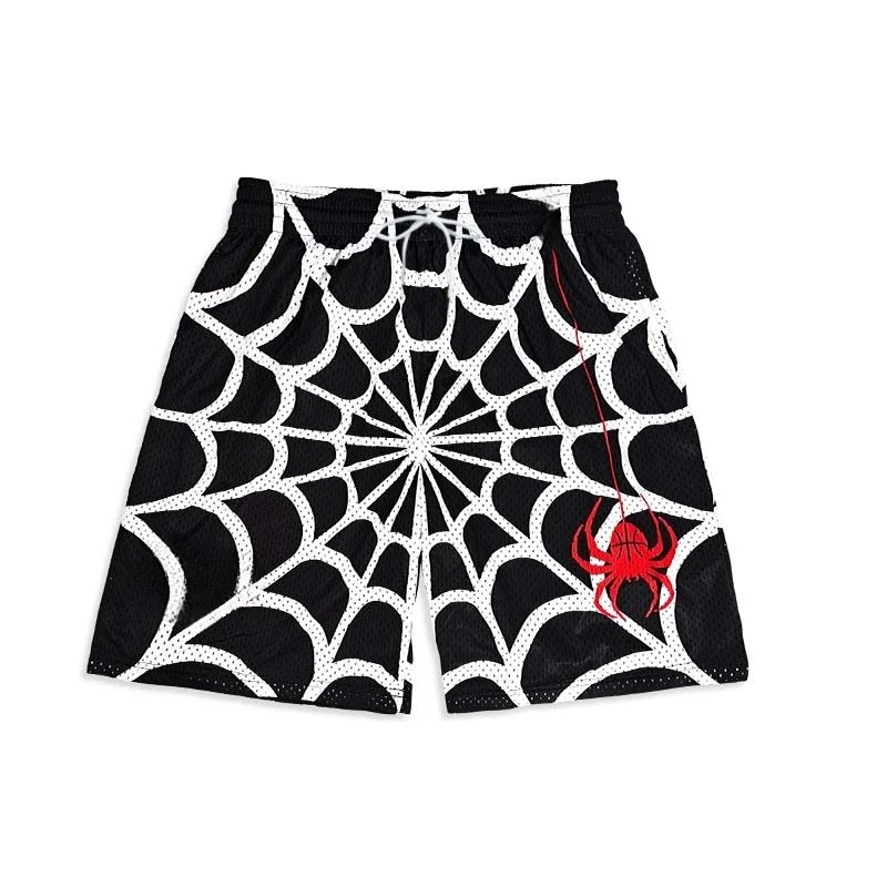 Fashion Street Basketball Shorts Sports Spider Web Pattern Print Quick Drying Shorts Quick Drying Breathable Short Pants Moto