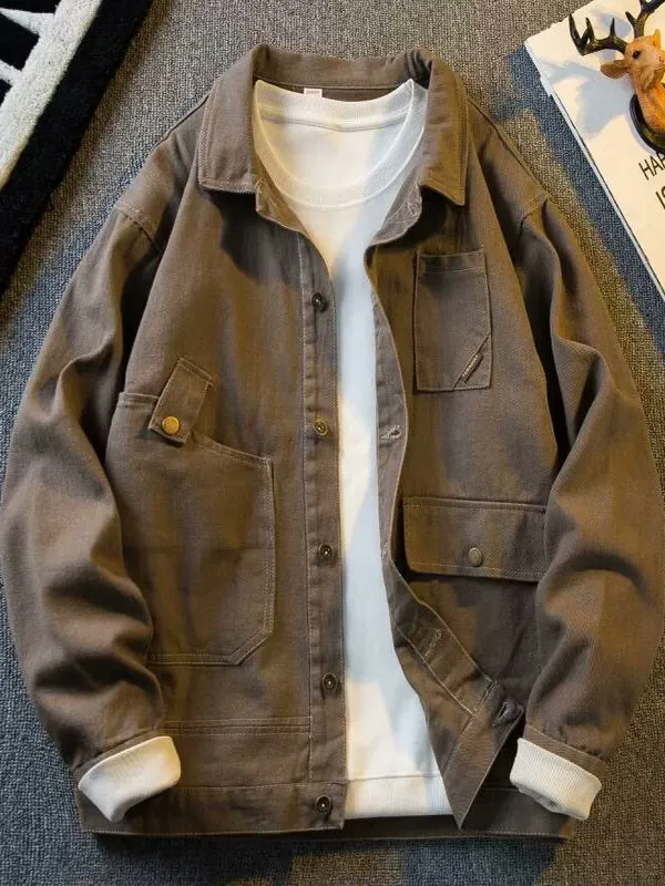 

Повседневная свободная мужская джинсовая рабочая куртка, весна-осень, модная нерегулярная декорация, износостойкая длинная све, хлопок, полиэтилен...