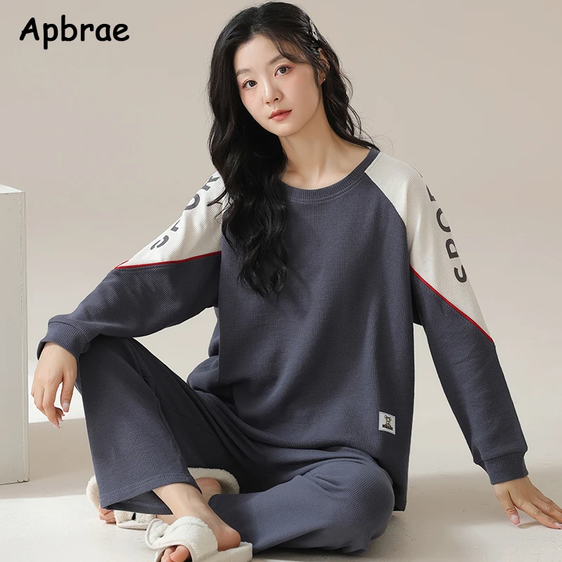 Autumn Winter Waffle Cotton Pajamas for Women Long Sleeves Home Wear Casual Sports Pijamas Round Collar Woman Sleepwear