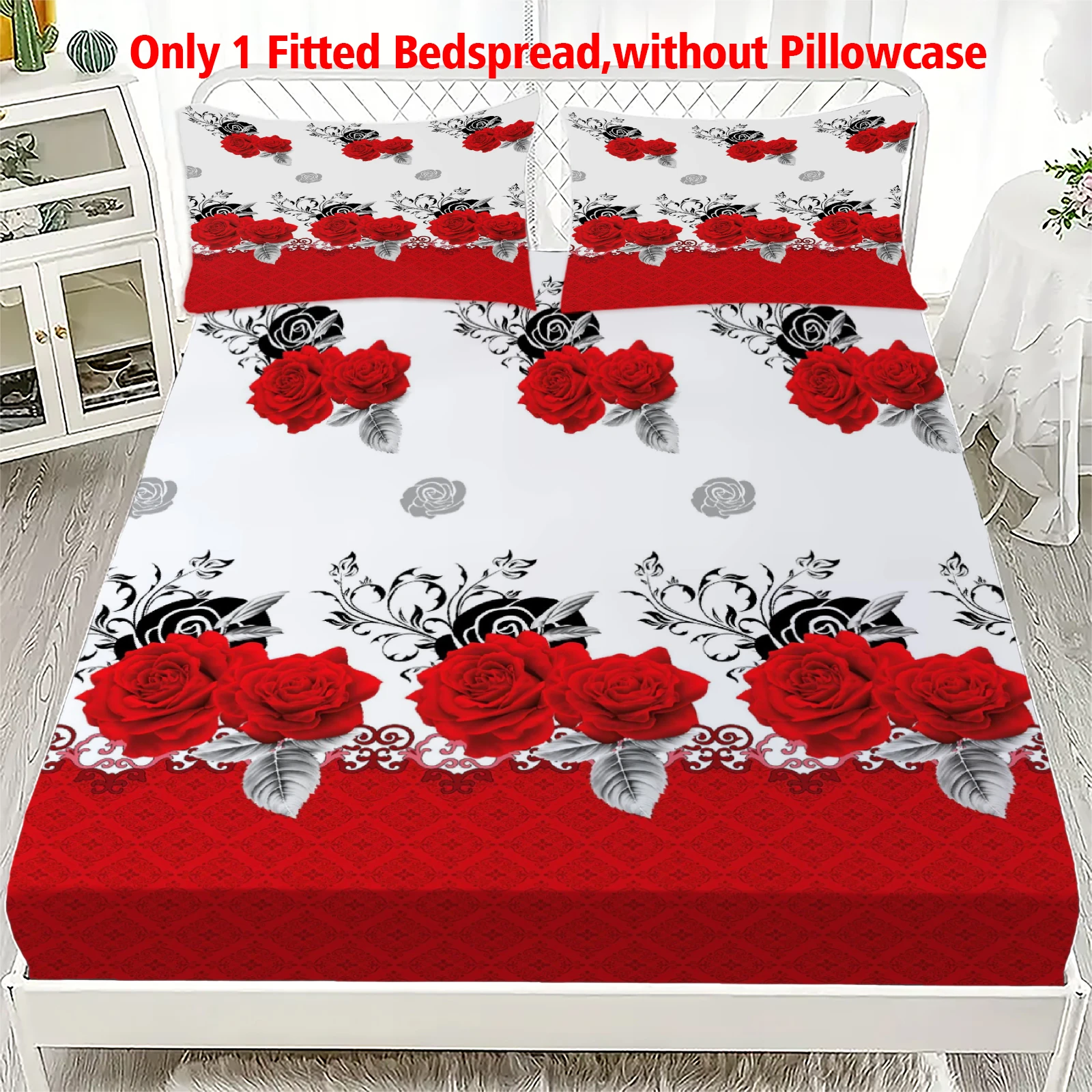 1pc Romantic Red Rose Flower Printed Fitted Bedspread Deep Pocket Elastic Mattress Cover Single Double Queen King Bedroom Decor
