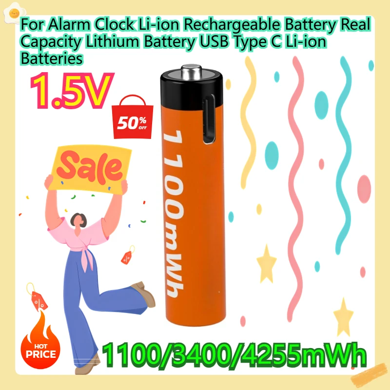 

For Alarm Clock Li-ion Rechargeable Battery Real Capacity Lithium Battery USB Type C Li-ion Batteries 1.5V 1100/3400/4255mWh