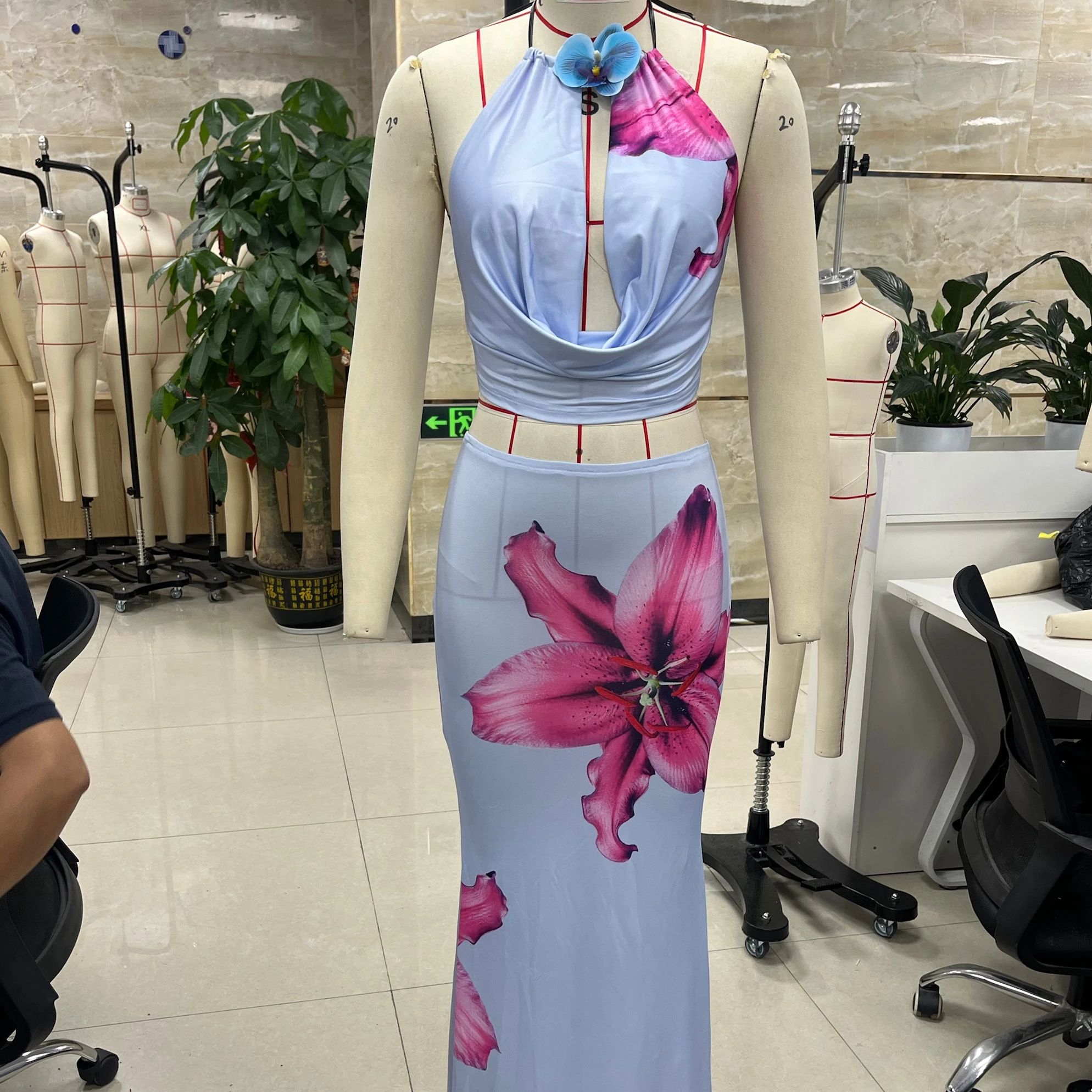 

Women Two Piece Set Halter Open Back Crop Tops with Draped Cowl Neck Floral Print Slim Long Skirt Outfit for Party Vacation