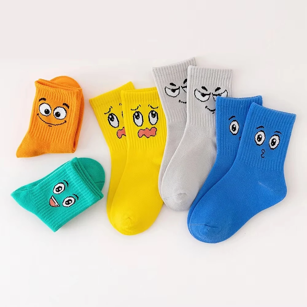 5 Pairs/lot Kids Tube Socks Emoticons Funny Face Pattern Soft Breathable Cotton Boys Girls Outdoor Sports Socks