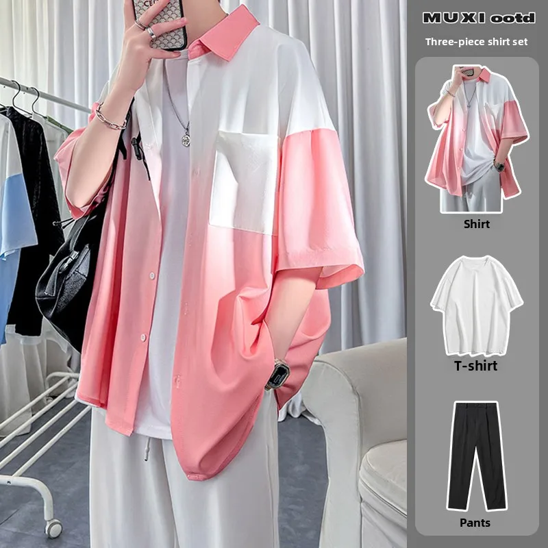 

Ice Silk ort Sve irt Clean Cut Men's Dopane Sle Summer Faionable Loose Fit Polyester Fiber No Ironing Needed