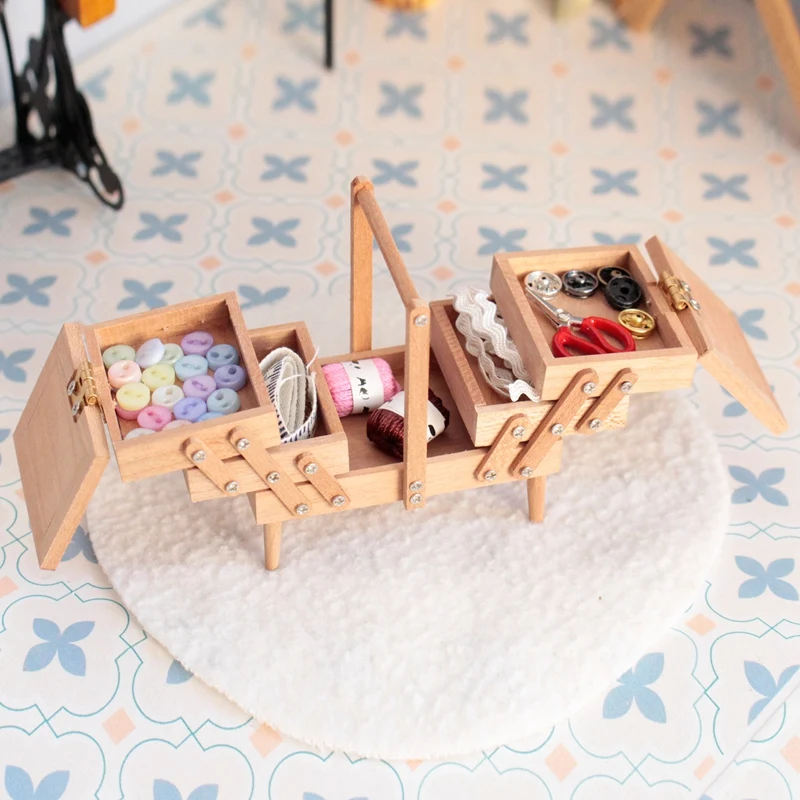 1:12 Dollhouse Miniature Wooden Multi-Storey Antique Sewing Supplies Box With Needle Scissors Knitting Tool Tailor Set