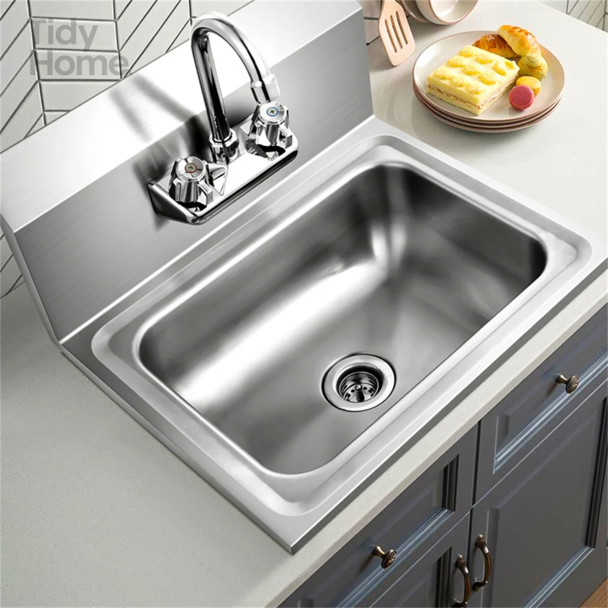 

Durable & large capacity Stainless Steel sink, Back Splash and Rotatable Faucet,Two Temperature Water Inlet ,kitchen accessories