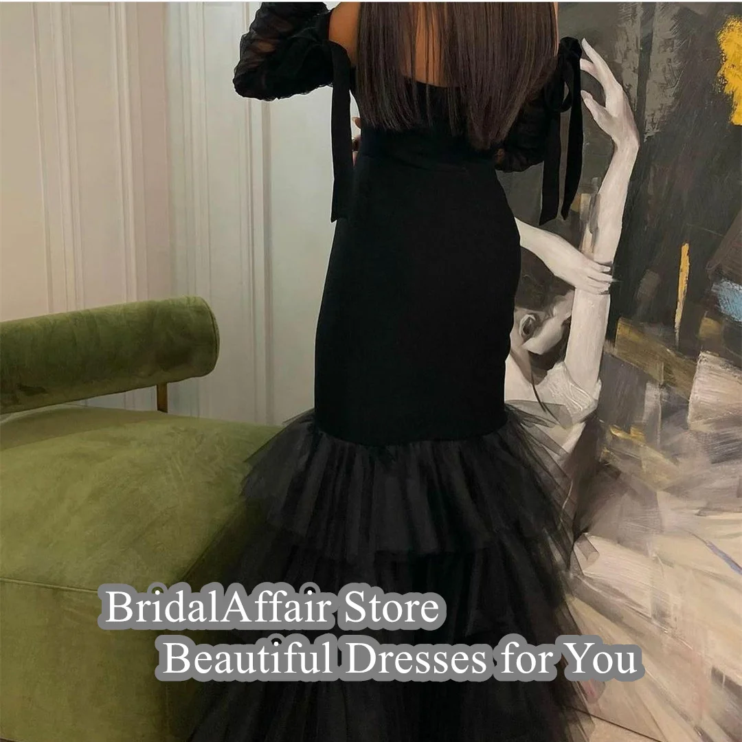 BridalAffair-Robe de Soirée Longue en Tulle Noir pour Femme, Robes de Bal Vintage avec Manches, Sirène, Longueur au Sol, Chérie