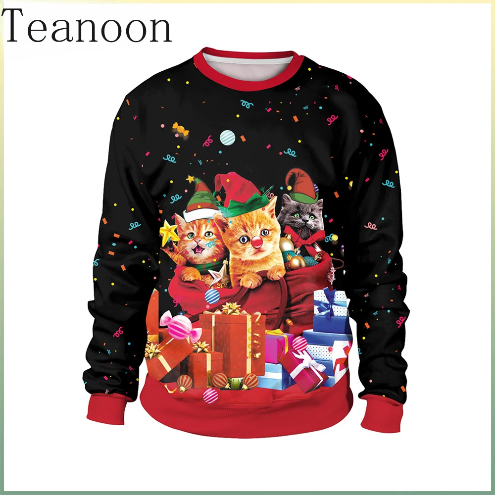 Teanoon Ugly Christmas Sweater Pet Mens Sweater Xmas Holiday Crewneck Sweatshirt Kawaii Cats Graphic Sweatshirts Unisex Tops