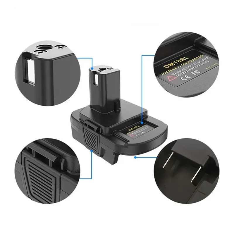 1pc For Makita DM18RL Battery Convertor Adapter Black Cordless Plug Tools USB Port For RYOBI 18V Li-Ion Battery Convert Adapter