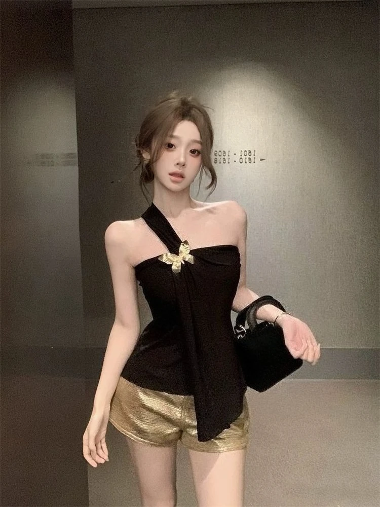 

One-Shoulder Sleeveless Corset Vest Summer Sexy Slim Short Black Shirt Women Fashion