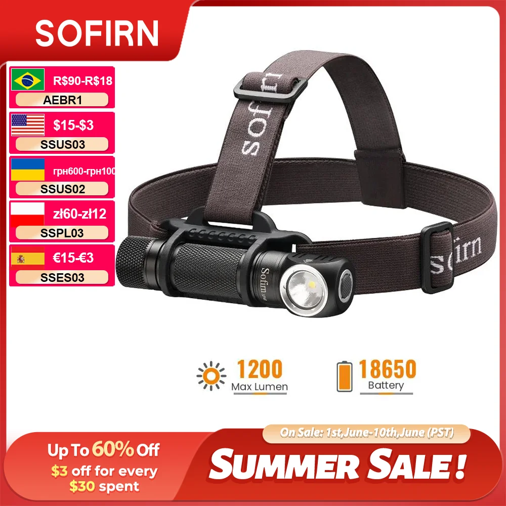 Sofirn SP40 XPL 5300K LED EDC Lampada frontale 18650 Lampada frontale ricaricabile 1200lm Torcia da pesca all\'aperto luminosa con tappo posteriore