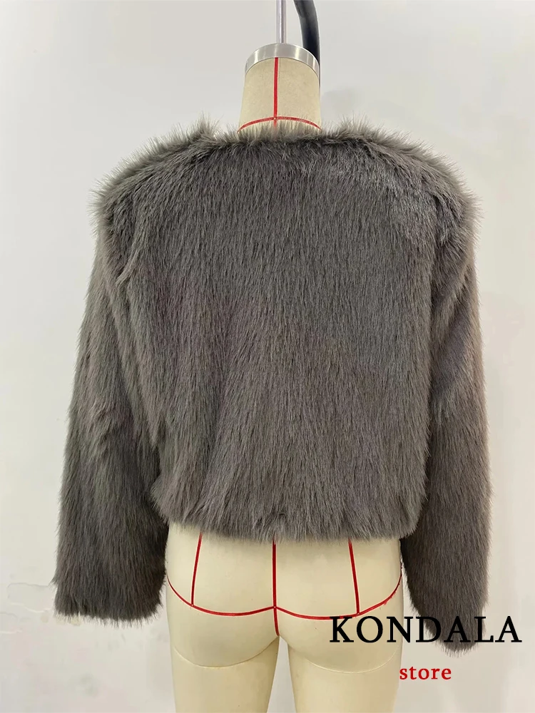 KONDALA Vintage Gray Fur Thick Jackets Women Long Sleevel O Neck Faux Leather Fur Coats Fashion 2024 Winter Party Evening Coats