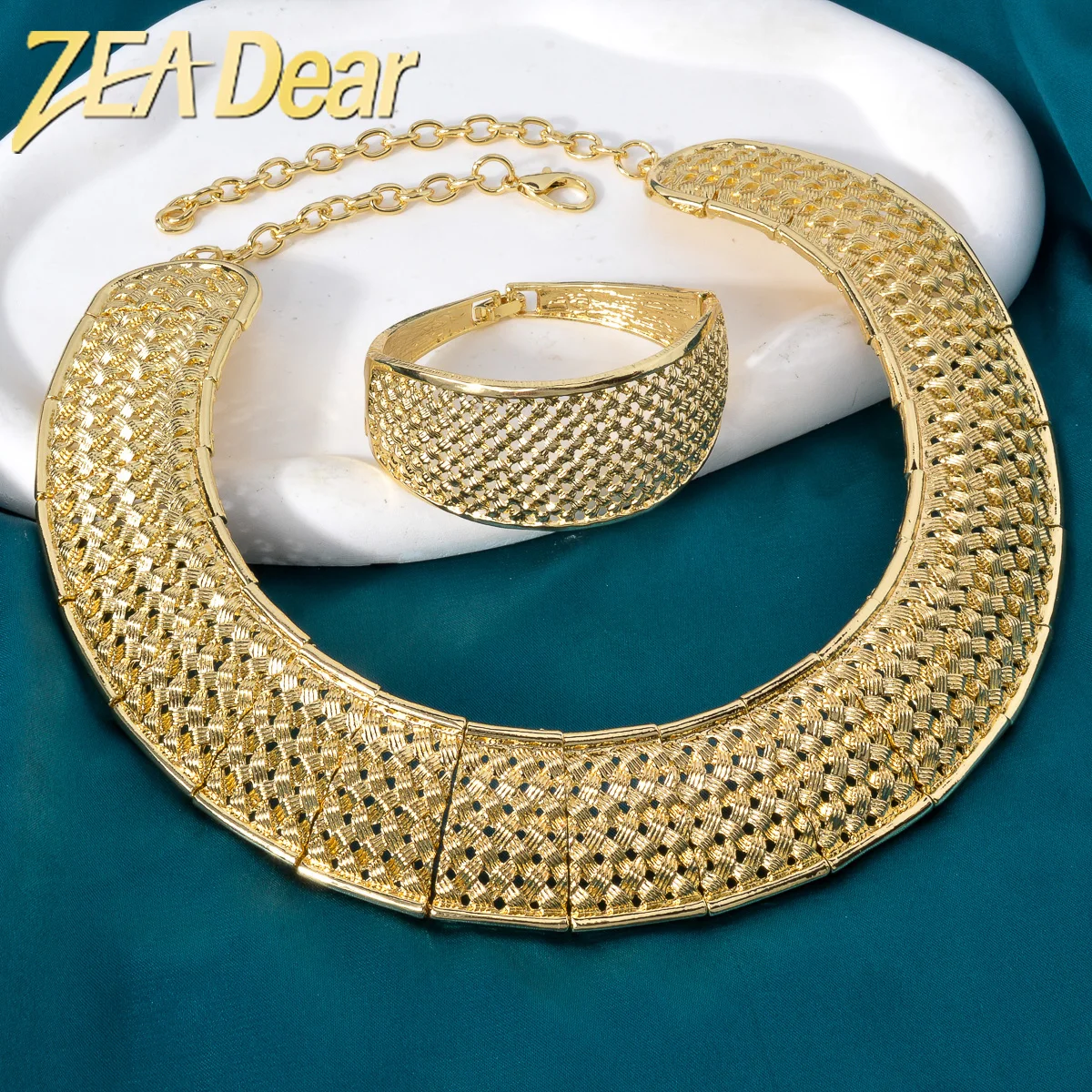 

ZeaDear Dubai Wide Big Jewelry Set For Bridal Wedding Gift Luxury 18K Gold Color Choker Necklace Earring Ring Bracelet For Women