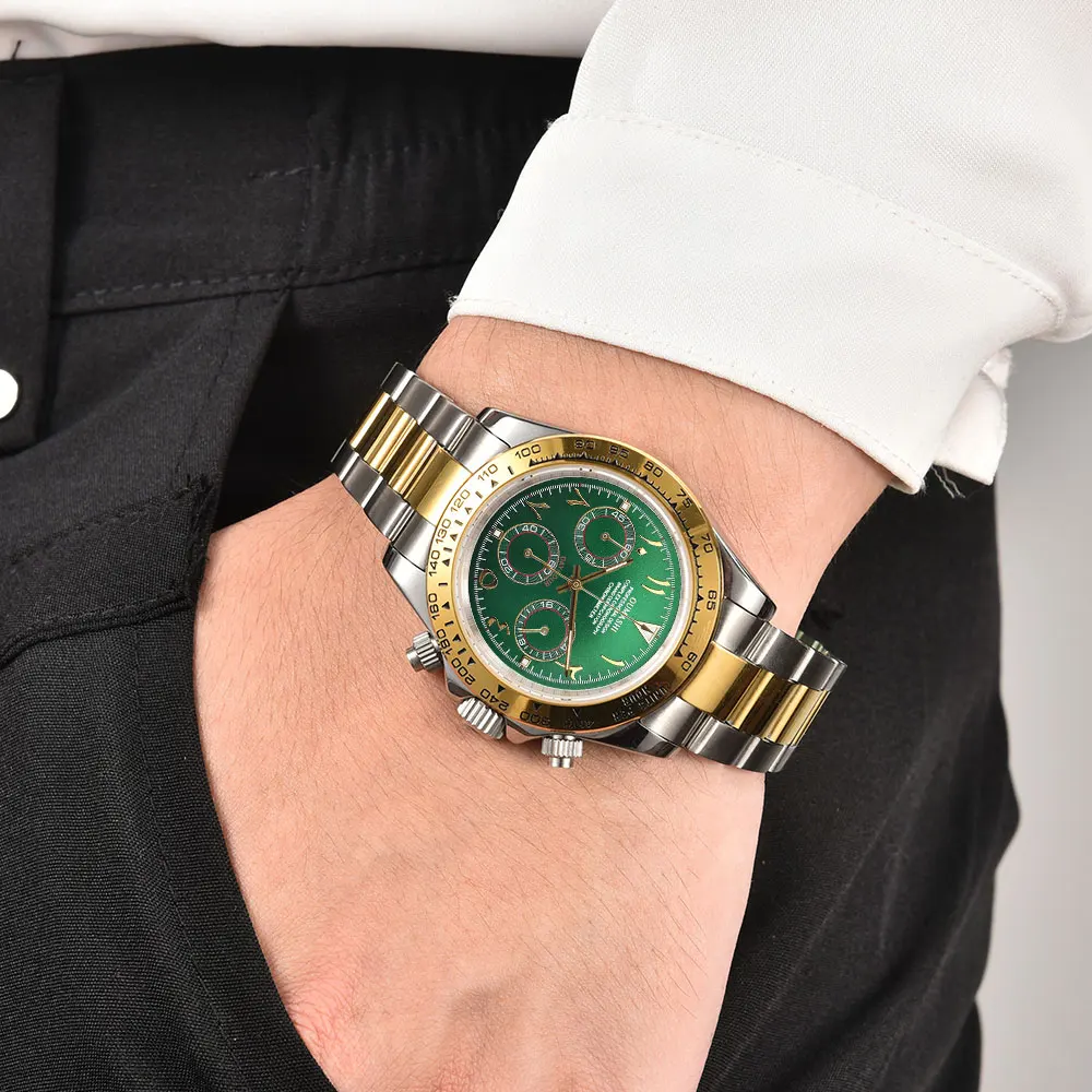 39 مللي متر ساعة رجالي VK63 حركة كوارتز كرونوغراف الياقوت الزجاج العربية الهاتفي الفاخرة رجال الأعمال ساعة مخصصة