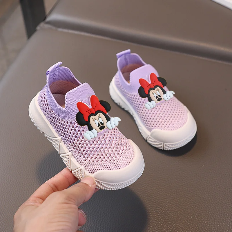 

Disney Микки Маус Минни, весна-осень, новые детские кроссовки, дышащая летающая тканая обувь для мальчиков и девочек, повседневная обувь на мягкой подошве на одной ноге