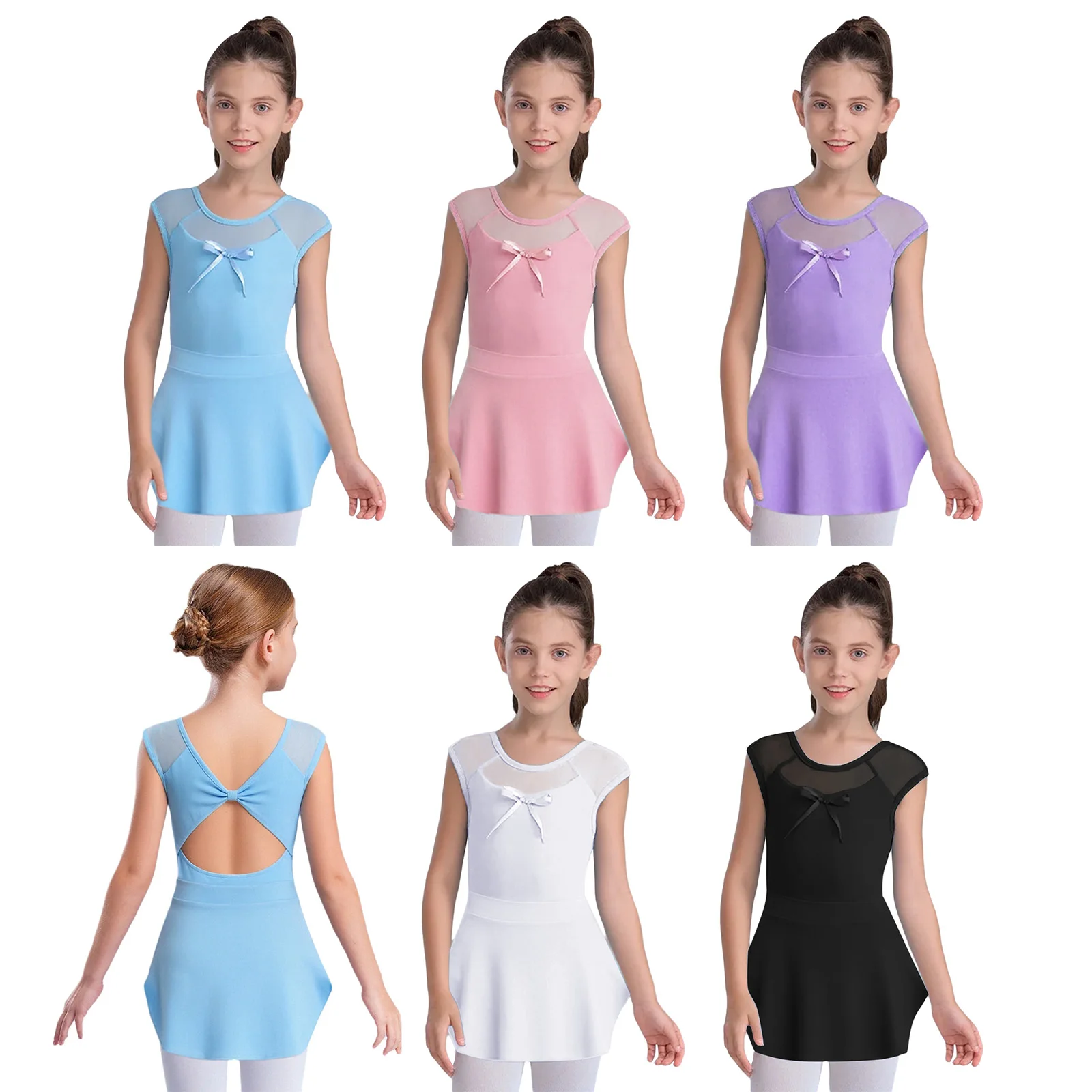 Body da danza classica per bambina, girocollo, senza maniche, con nodo, ritaglio sul retro, body con fiocco patchwork in rete trasparente con gonna a fessura laterale
